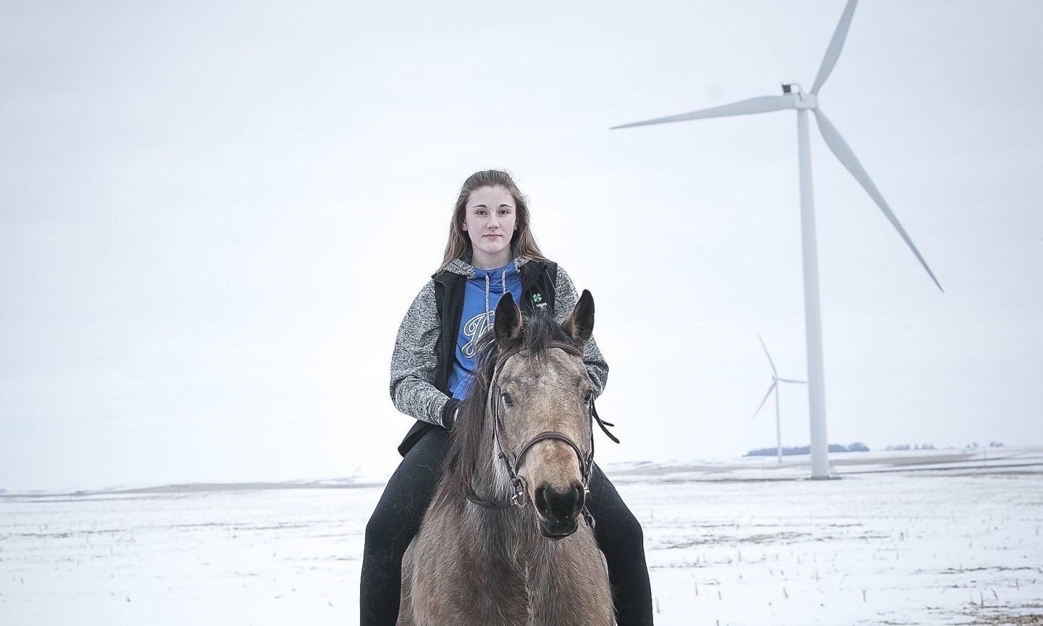 Horse rider in winter with wind turbine